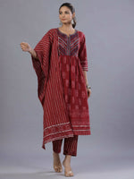 Thumbnail for Juniper Women Maroon Cotton Cambric Batik texture Printed Kurta, Pants and Dupatta Set - Distacart