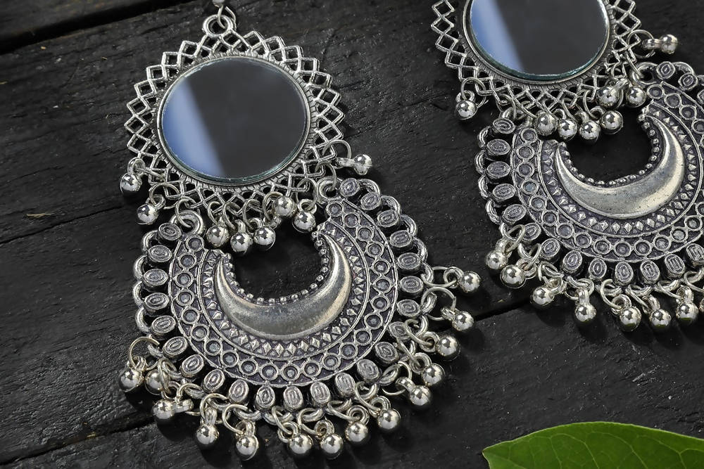Mominos Fashion Johar Kamal Silver Oxidised Mirror Chandbali Earrings - Distacart