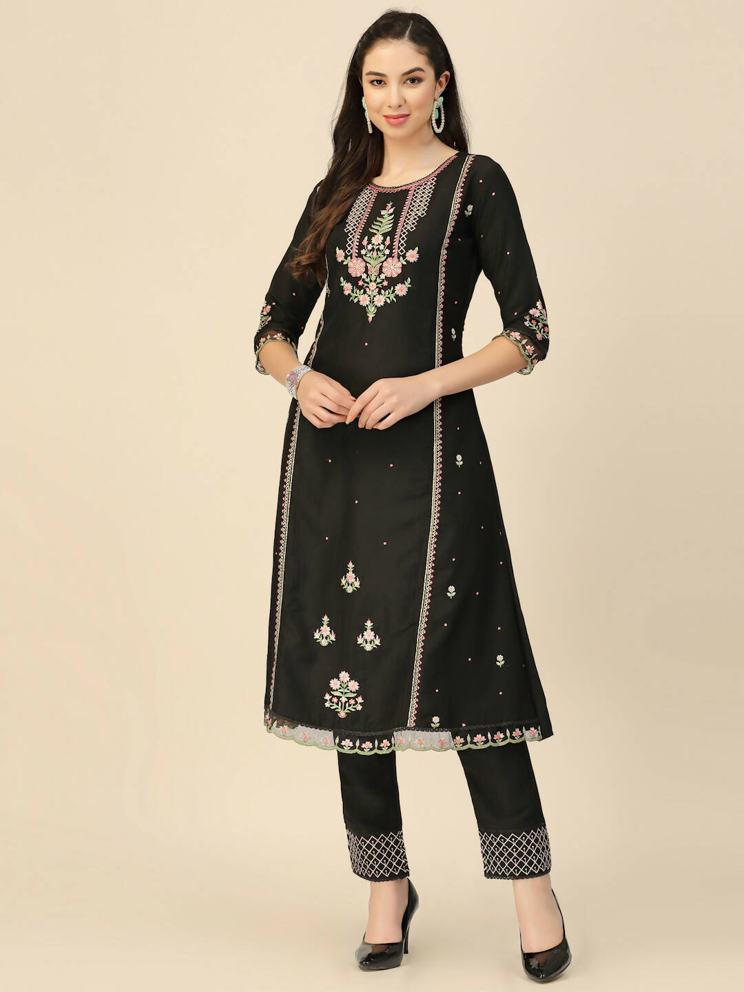 Black Embroidered Chinon Straight Kurta With Trouser & Dupatta - Salimar - Distacart