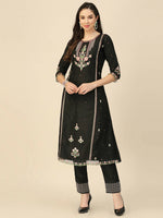 Thumbnail for Black Embroidered Chinon Straight Kurta With Trouser & Dupatta - Salimar - Distacart