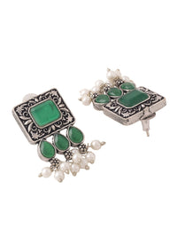 Thumbnail for NVR Women's Oxidised Silver Plated Green Color Stone Jewellery Set With Earrings - Distacart