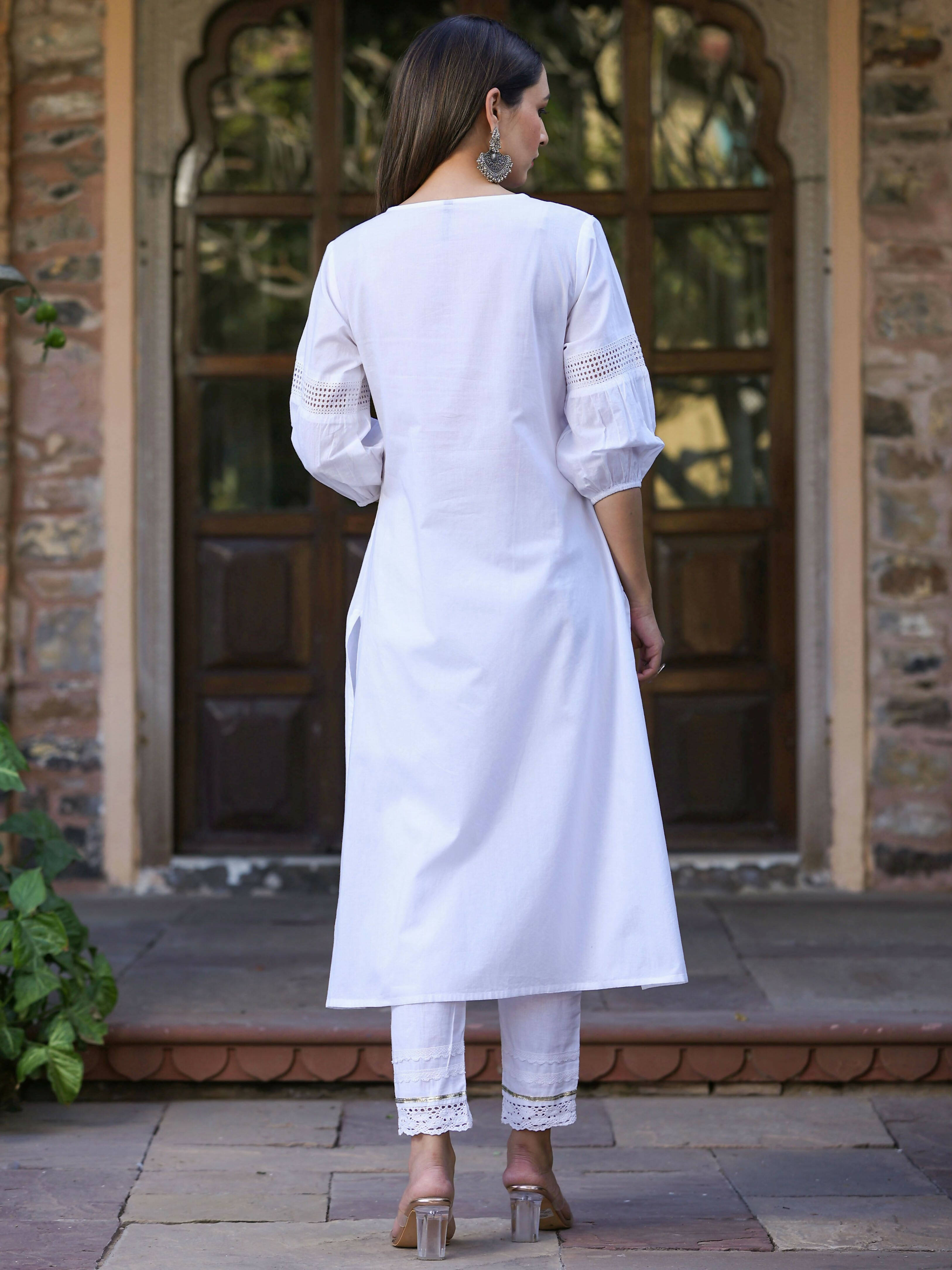 Juniper Women's White Cotton Cambric Solid A-Line Kurta - Distacart