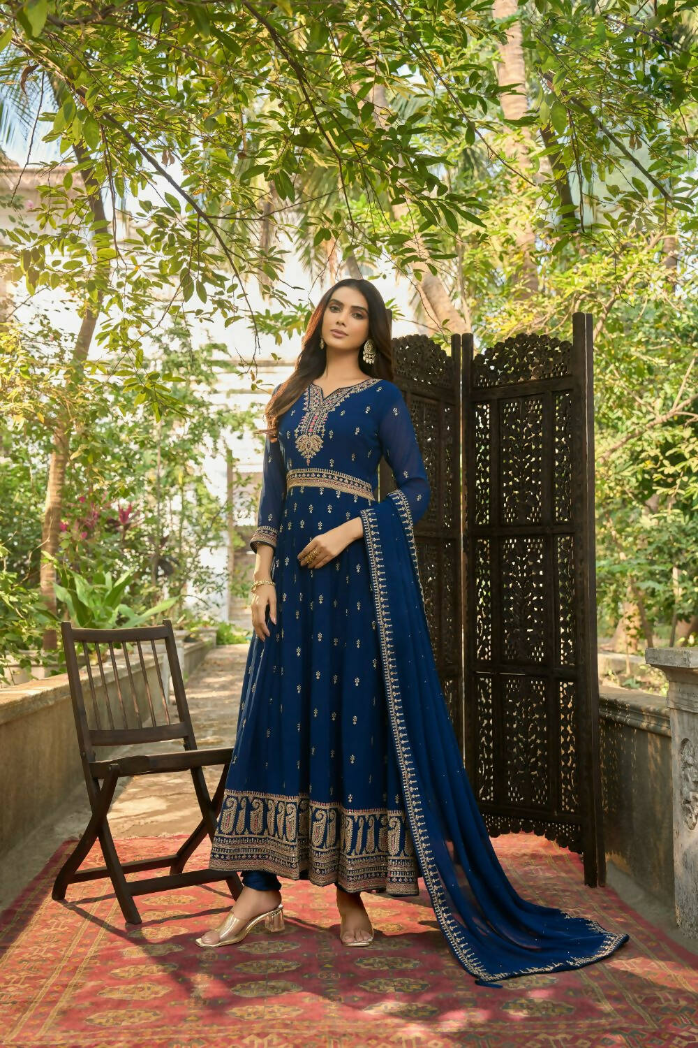 Blue Heavy Faux Georgette Anarkali Embroidered Kurta Set - Dhvani - Distacart