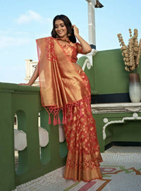 Thumbnail for Charming Designer Light Tomato Red Color Organza Silk Saree With Weaving Work - Yomika Fashions - Distacart