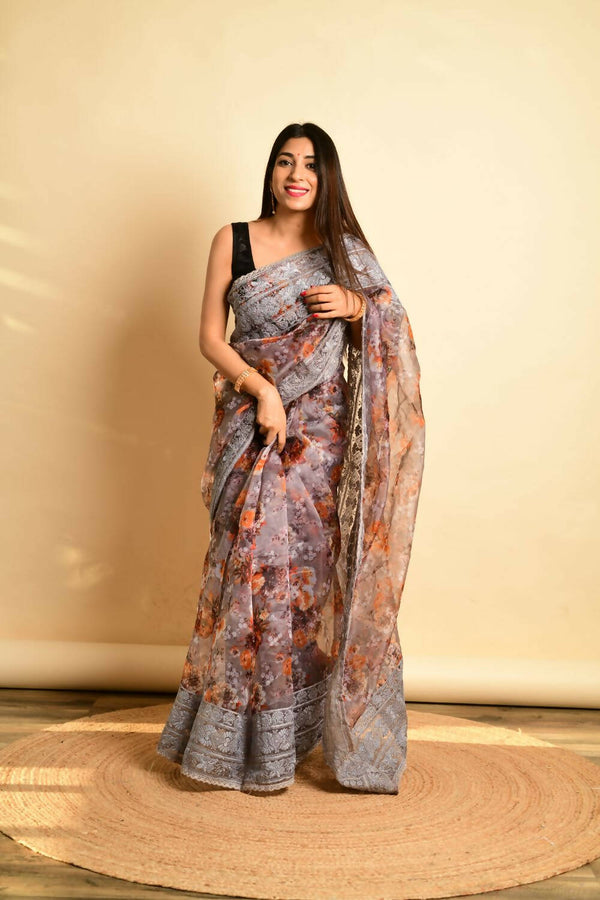 Vamsee Grey Organza Saree - Distacart