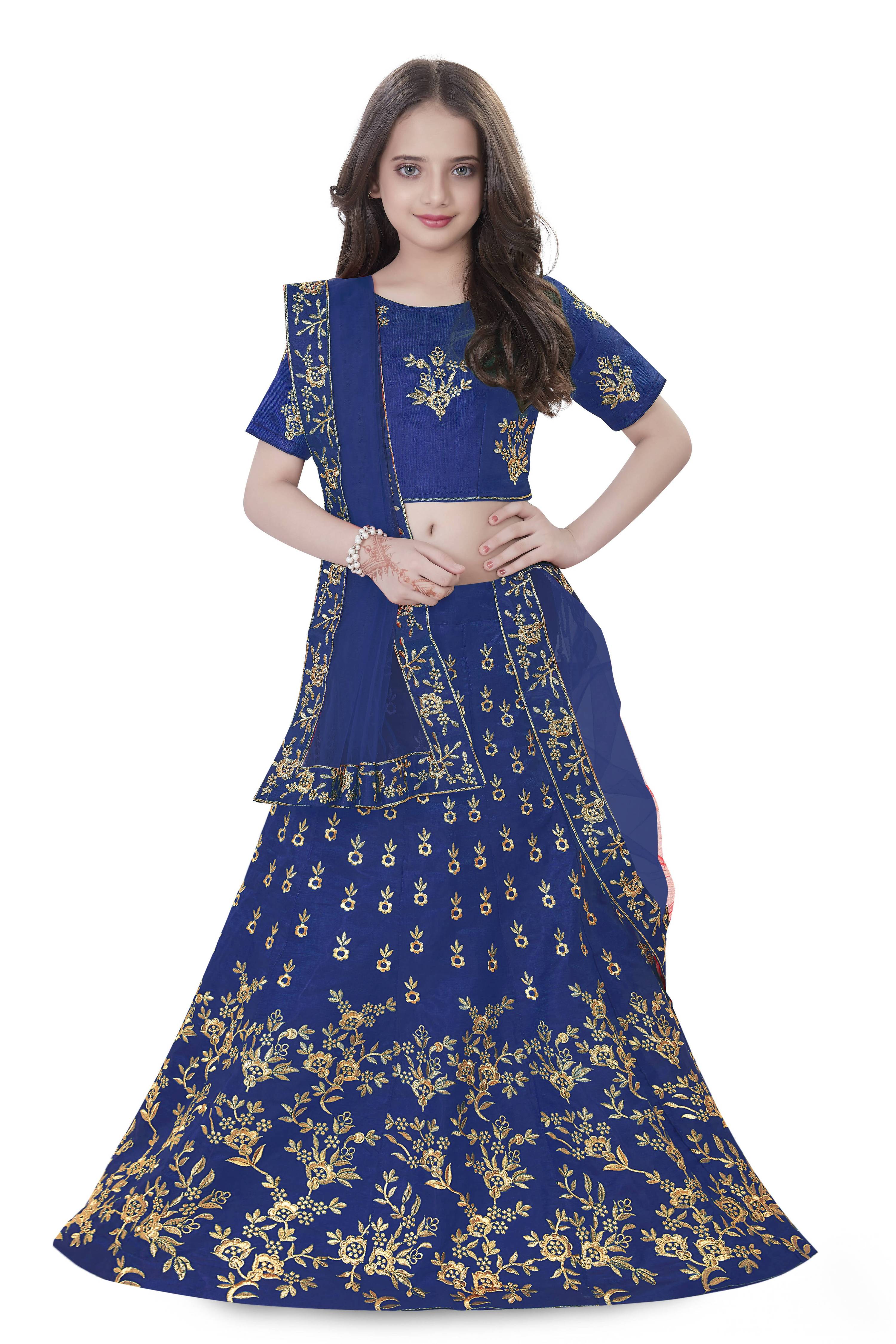 Dwiden Royal Blue Baby Doll Tafetta Sattin Semi-Stitched Girl's Lehenga Choli - Distacart
