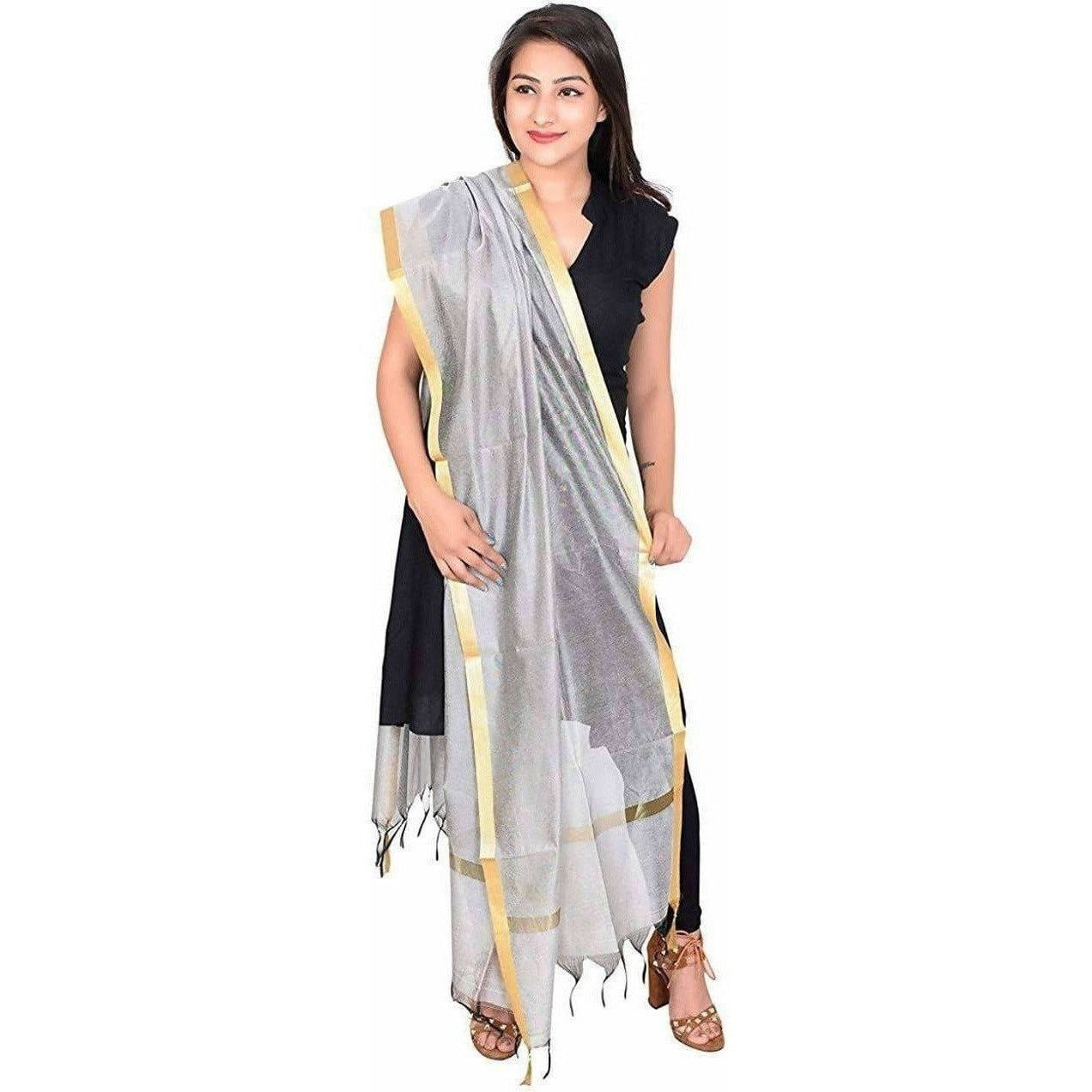 Women's Silk Plain Banarasi Golden Border Dupatta