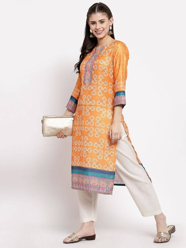 Myshka Women's Multi Cotton Printed 3/4 Sleeve Round Neck Casual Kurta