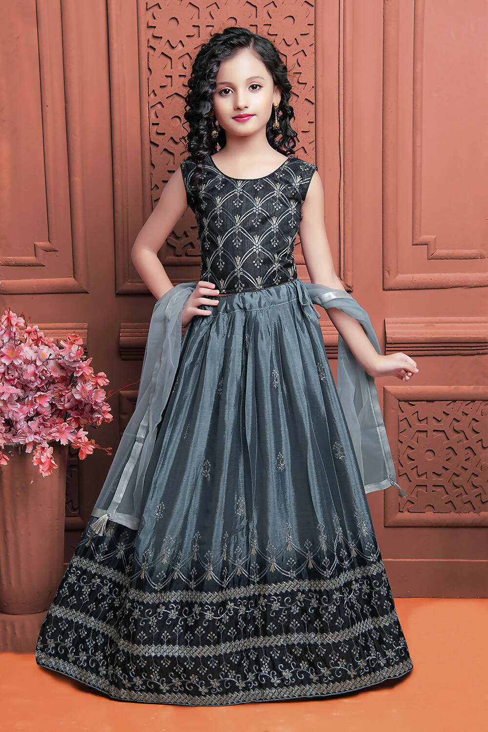 Kids Wedding Designer Grey Soft Chinon Silk Lehenga Choli - Aaradhna - Distacart
