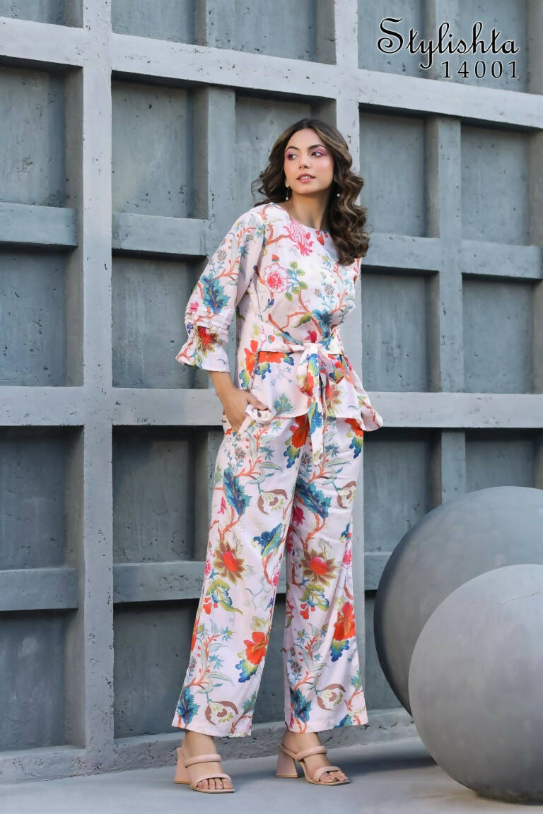 Women's Partywear Designer White & Multi Muslin co-ord set - Stylishta - Distacart