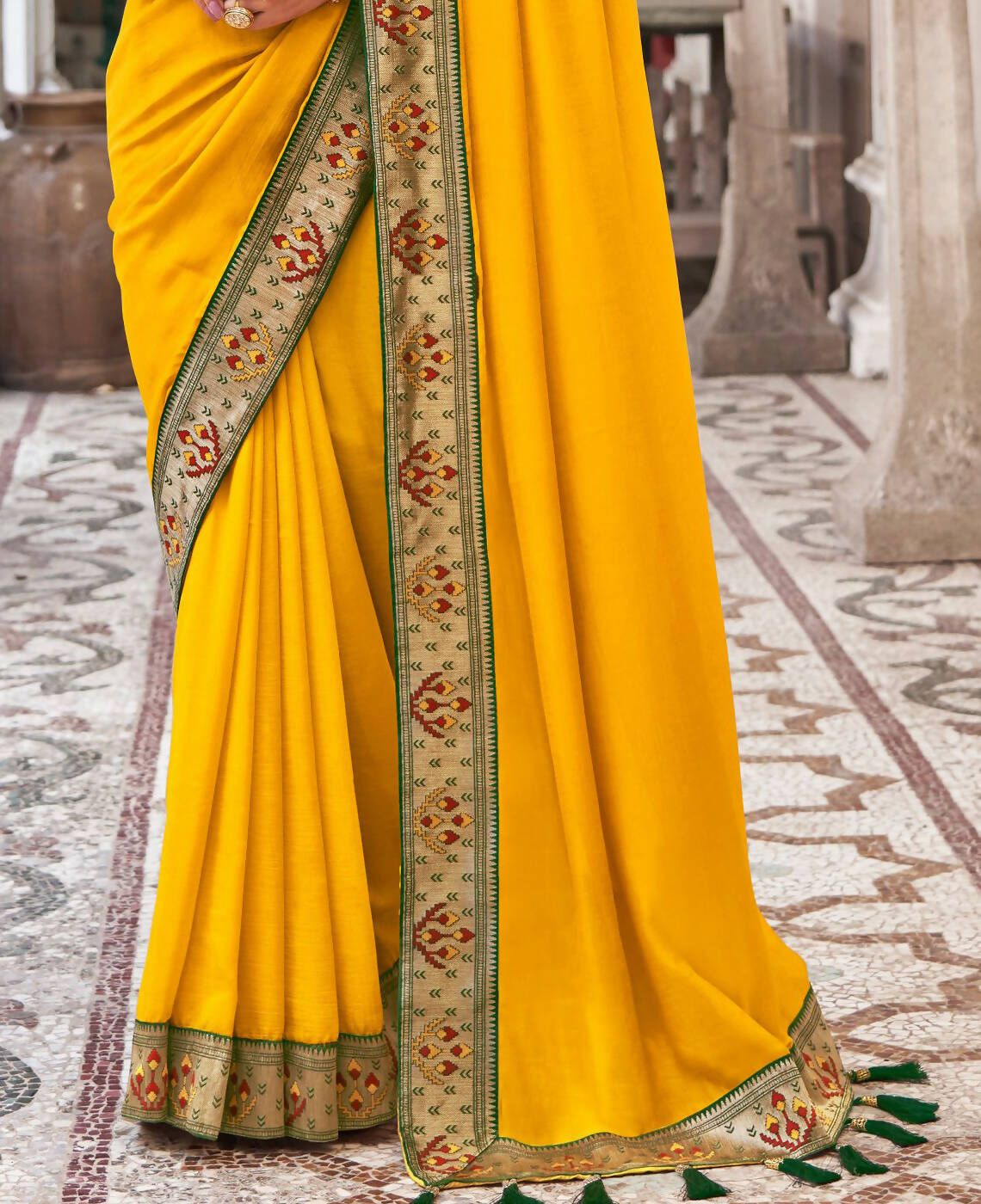 Mustard Vichitra Solid Saree With Unstitched Blouse Piece - Juhi - Distacart