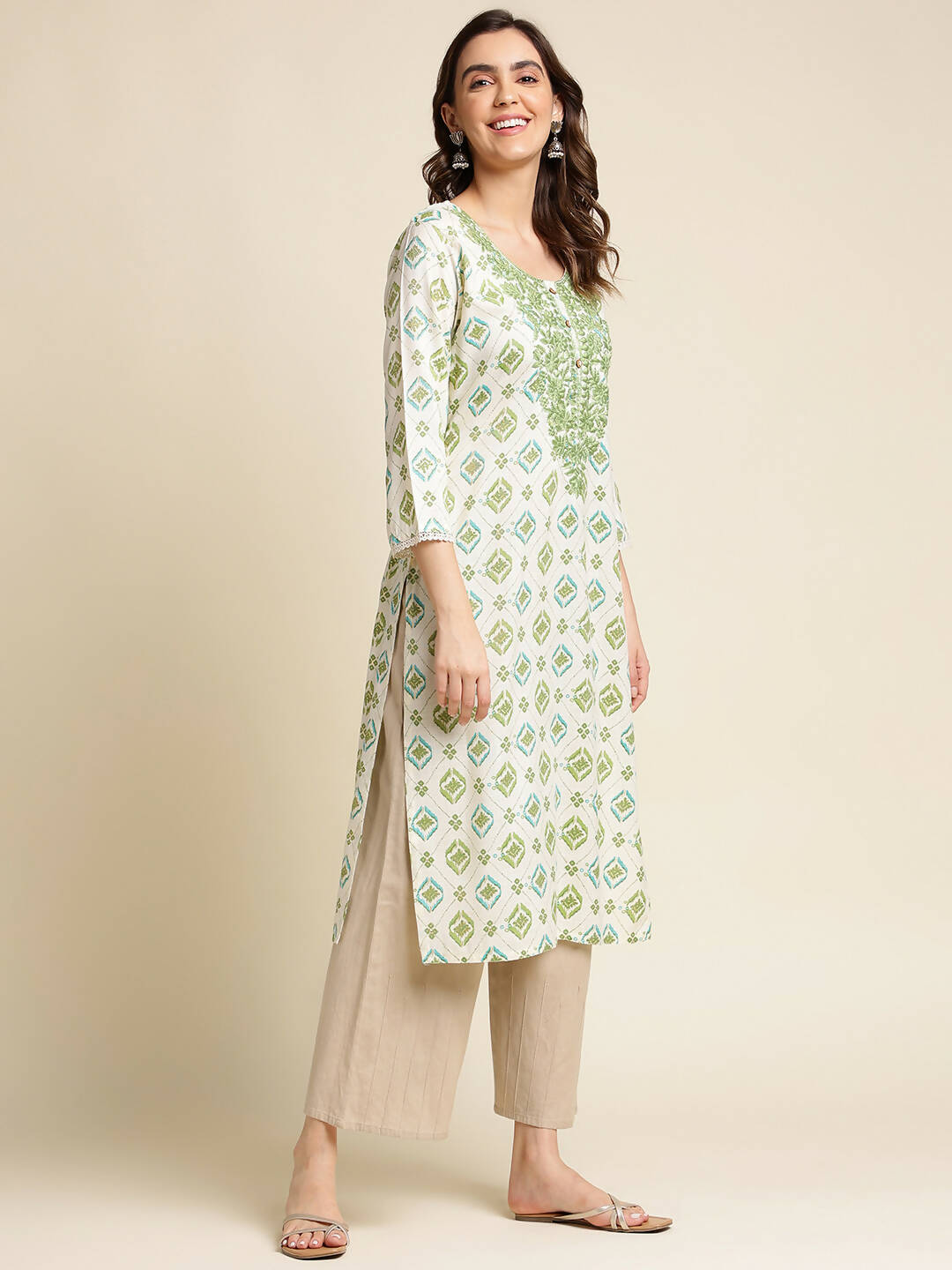 Green Poly Rayon Aztec Printed Straight Fit Kurta - Prasuti - Distacart
