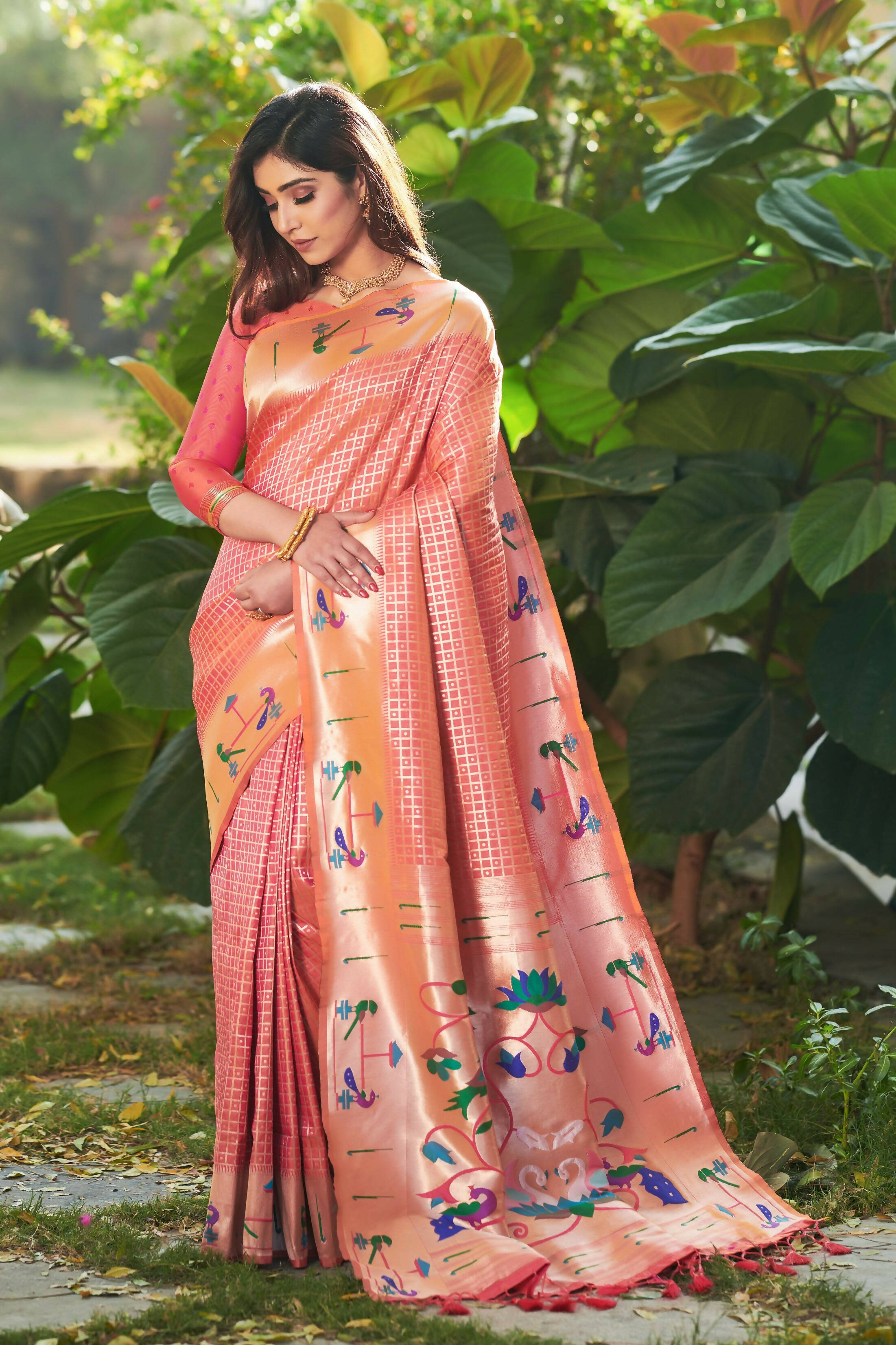 Vishnu Weaves Women's Peach Paithani Silk Minakari Zari Woven Saree with Unstitched Blouse - Distacart