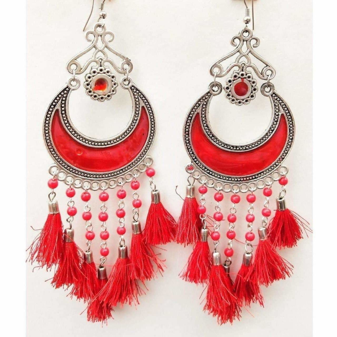 Fancy Half Moon Red Color Beautiful Glass Pearls And Silk Thread Enamel Earrings
