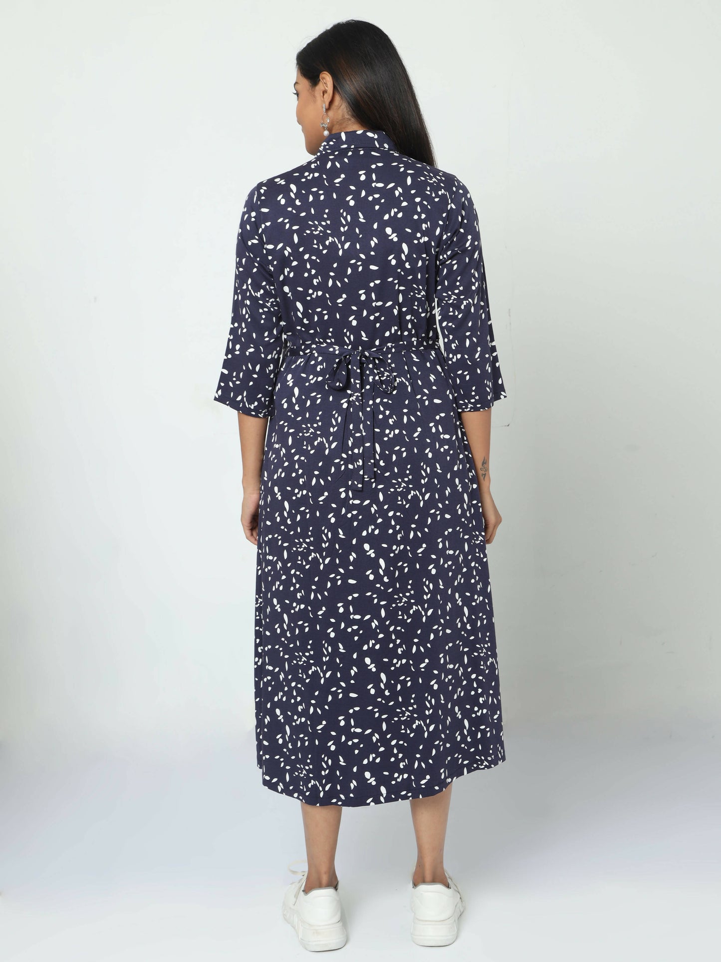 Manet Three Fourth Maternity Dress White Dot Print With Concealed Zipper Nursing Access - Navy Blue - Distacart