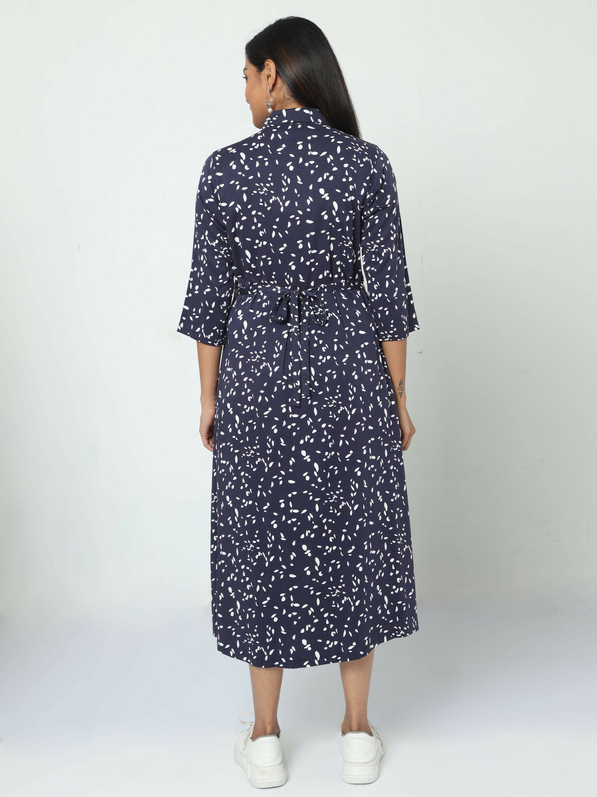 Manet Three Fourth Maternity Dress White Dot Print With Concealed Zipper Nursing Access - Navy Blue - Distacart
