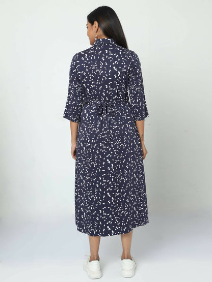 Manet Three Fourth Maternity Dress White Dot Print With Concealed Zipper Nursing Access - Navy Blue - Distacart