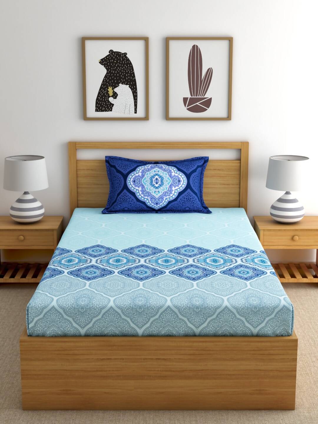 Dreamscape Blue & Turquoise Blue 140 TC Pure Cotton Bedsheet with Pillow Covers - Distacart