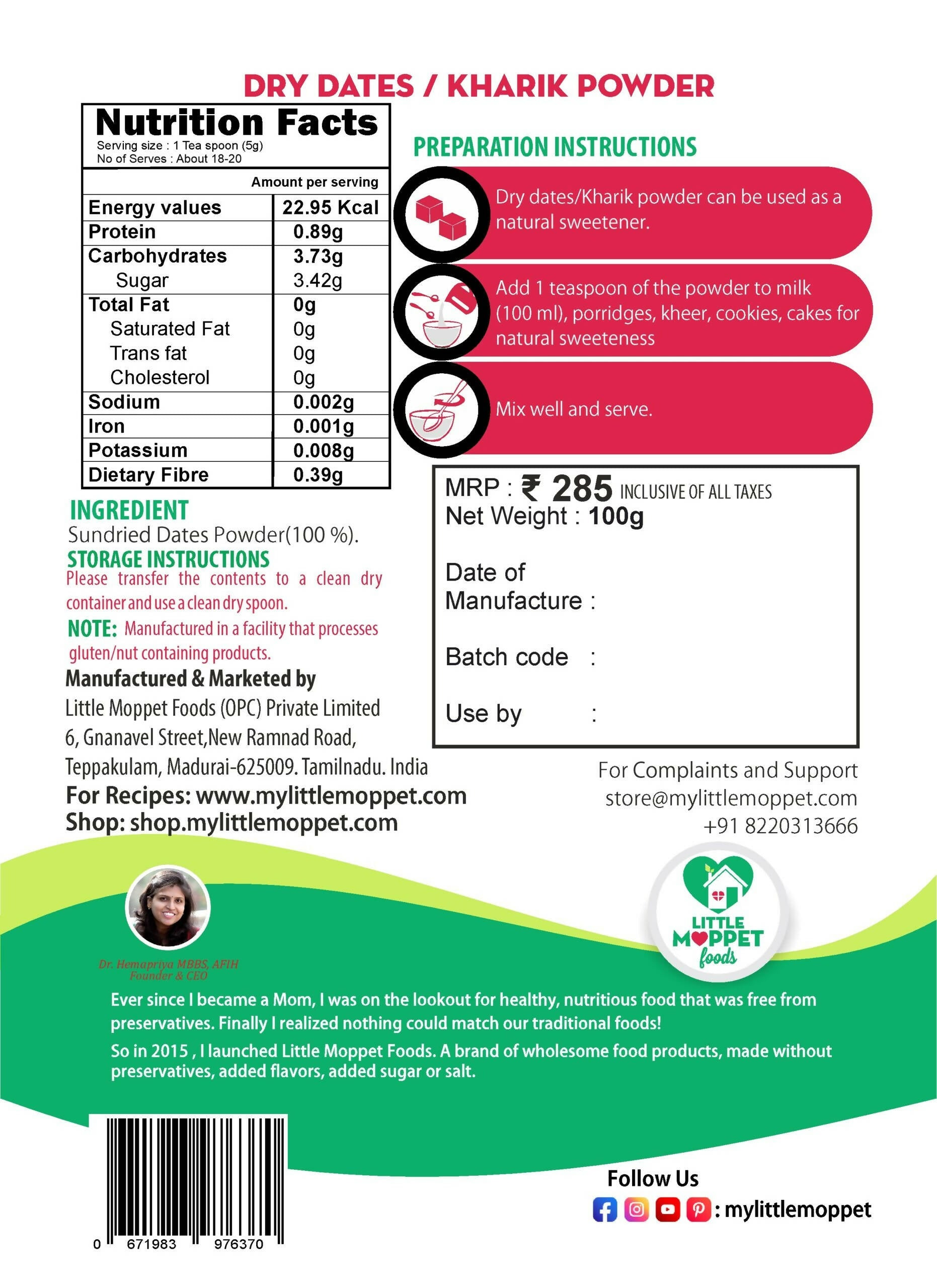 Little Moppet Foods Dried Dates - Kharik Powder - Distacart