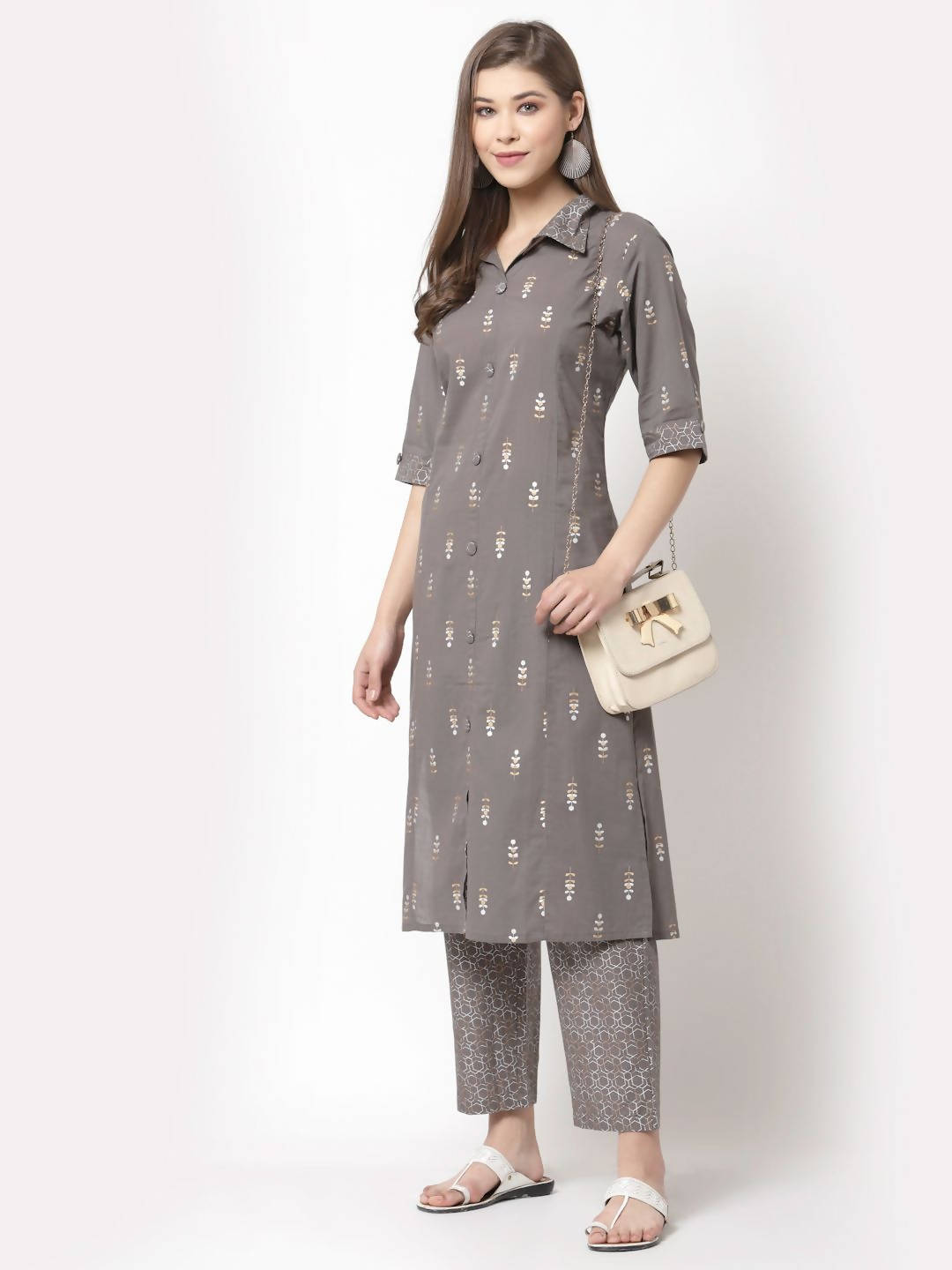 Myshka Women's Grey Cotton Printed Half Sleeve Casual Kurta & Palazzo Set