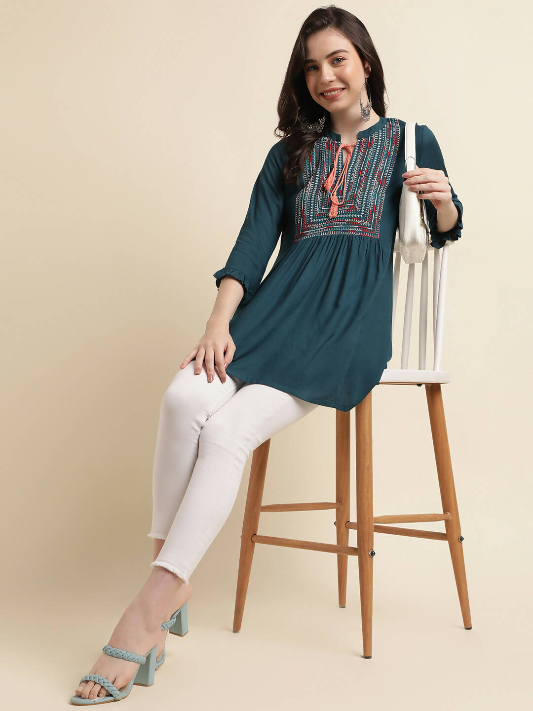 Teal Rayon Yoke Embroidered A-line Top - Tarini - Distacart