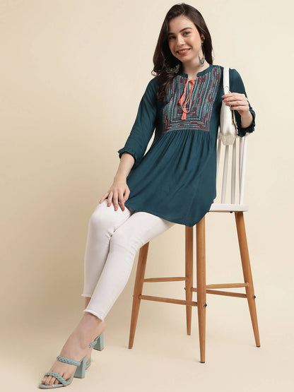 Teal Rayon Yoke Embroidered A-line Top - Tarini - Distacart
