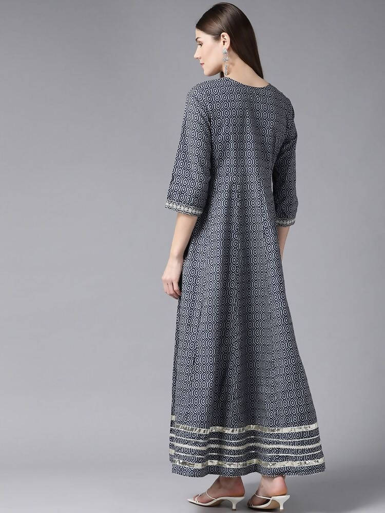 Yufta Women Grey Geometric Printed Mirror Work Kurta