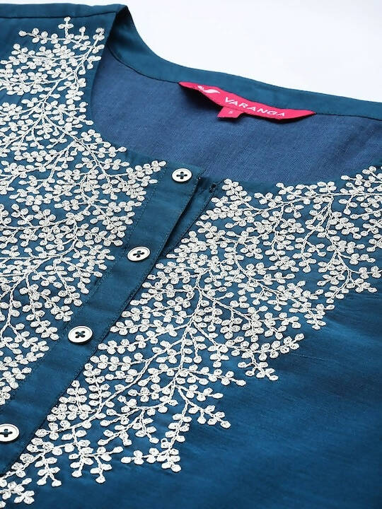 Varanga Women Teal Blue & Silver Zari Yoke Straight Kurta with Trousers & With Dupatta - Distacart