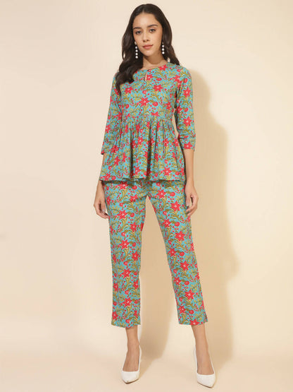 Janasya Women's Blue Cotton Printed Casual Peplum Co-ords - Distacart