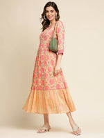 Thumbnail for Peach Cotton Floral Printed Fit & Flare Dress - Yukti - Distacart