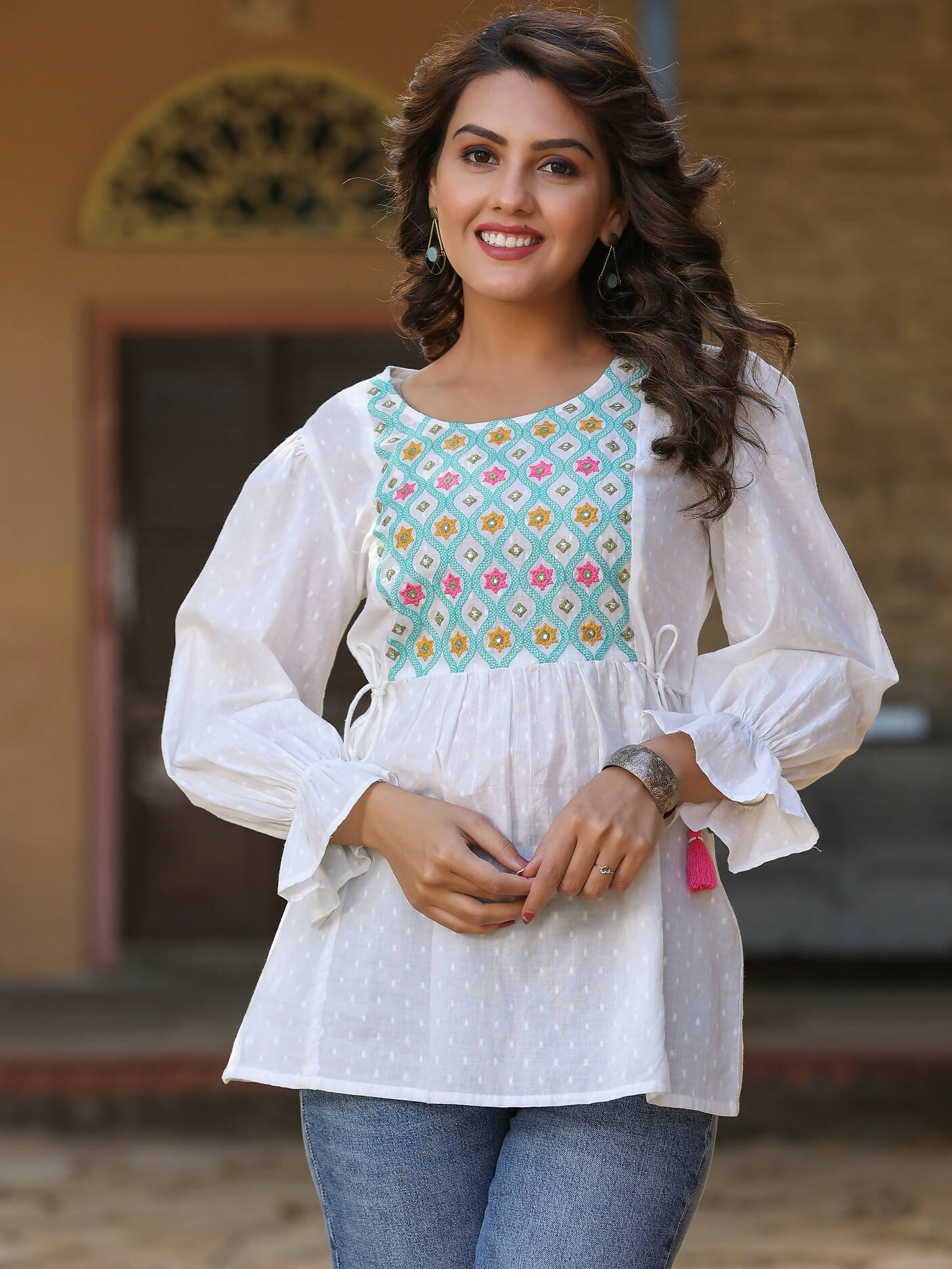 Juniper Women's White Cotton Dobby Solid With Multi Color Embroidered Tunic - Distacart