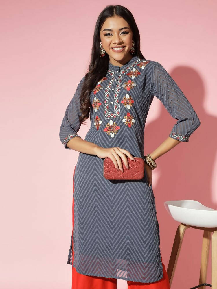 Myshka Women Grey Solid Georgette Straight V-Neck Kurtas - Distacart