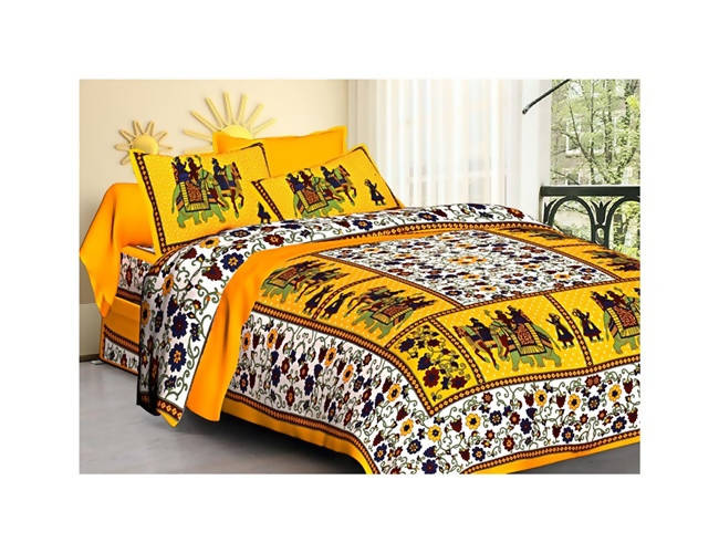 Vamika Printed Cotton Yellow Color Beautiful Bedsheet With Pillow Covers (LEOC_HTHY_Y) - Distacart