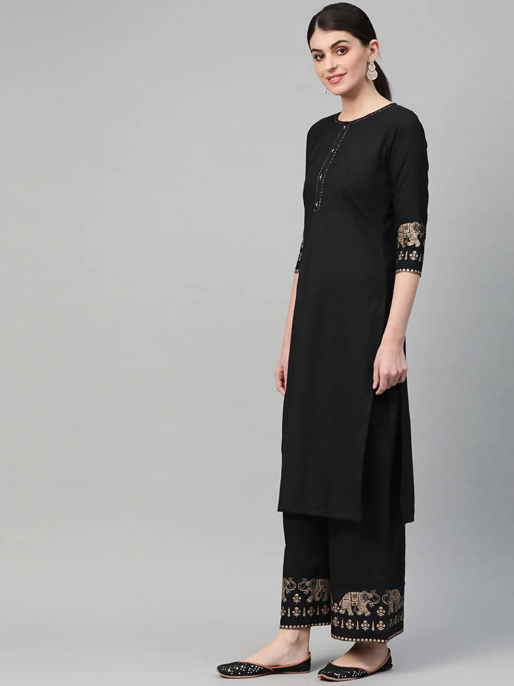 Yufta Women Black & Golden Solid Kurta with Palazzo & Dupatta