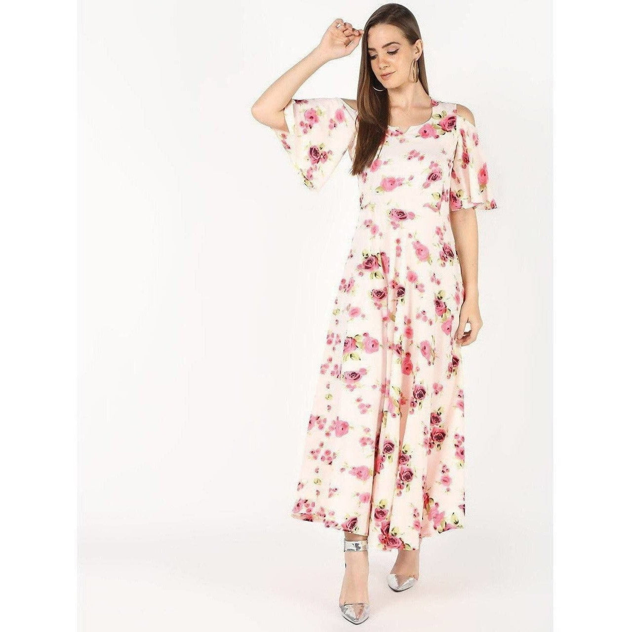 Cheera Front Princes Cut With Bell Sleeve Flowral Print Long Dress