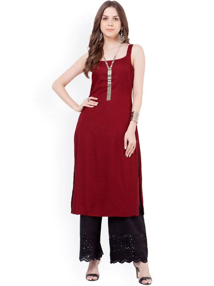 Indya Women Maroon Solid Straight Kurta - Distacart