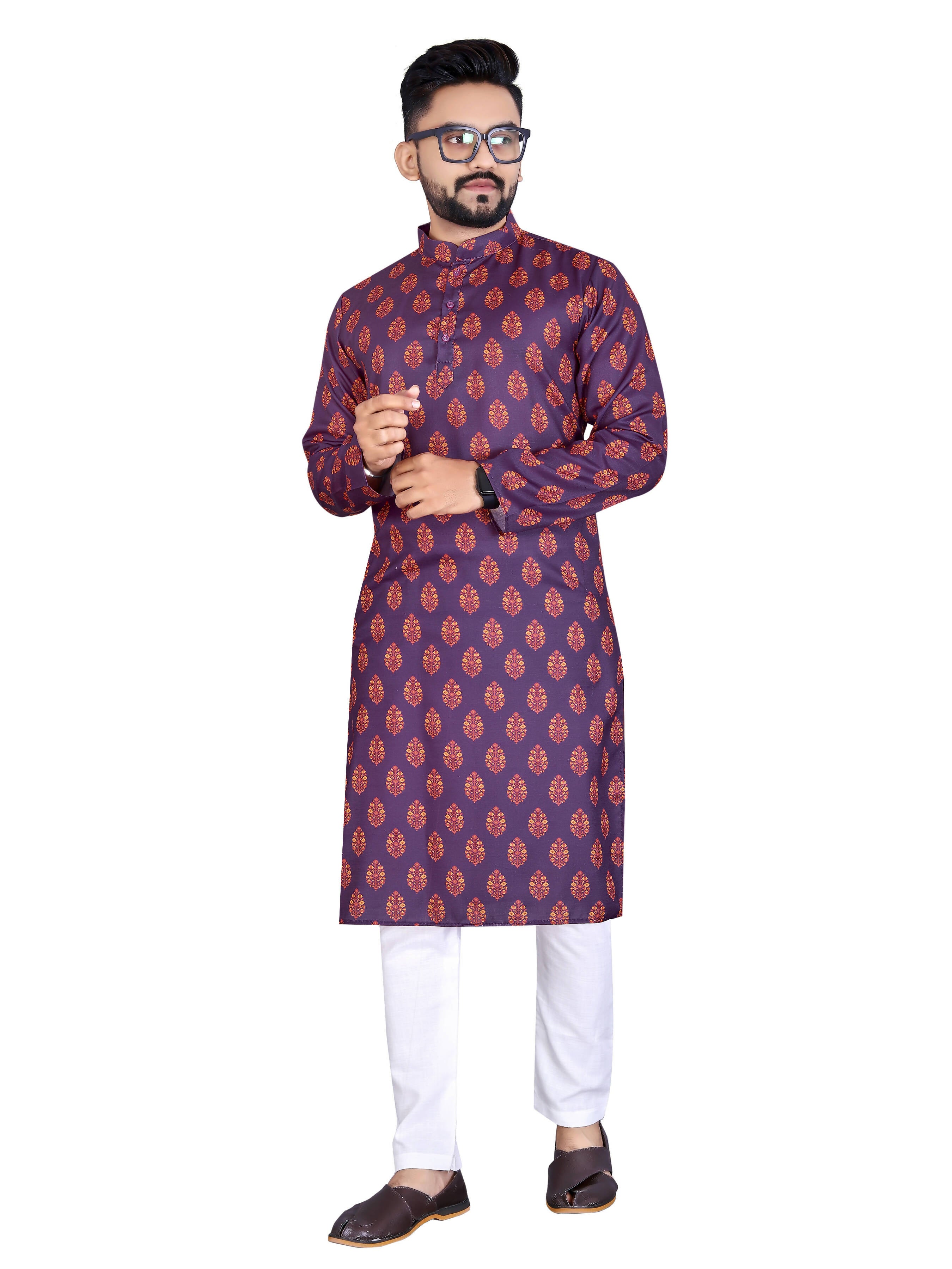 Mens Wine Cotton Printed Kurta - Mahotsav - Distacart