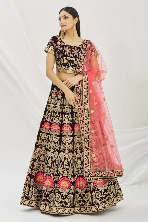 Purple Velvet Semi-Stitched Wedding Bridal Lehenga - Nimaya - Distacart