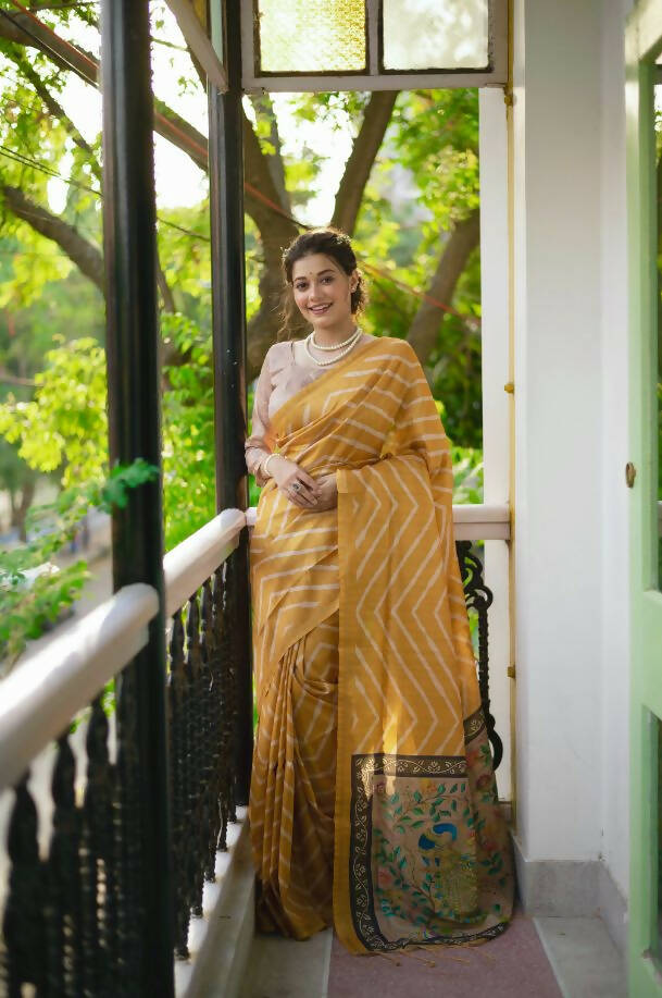 Vishnu Weaves Women's Yellow Soft Tussar Silk Digital Printed Saree with Unstitched Blouse - Distacart