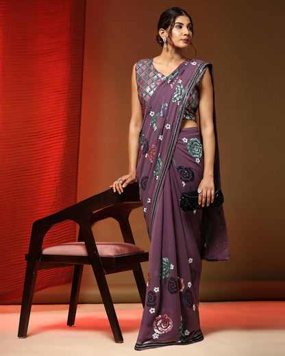 Purple Pure Georgette Sequence work Ready to wear Saree with stitched Blouse - Nirvana - Distacart