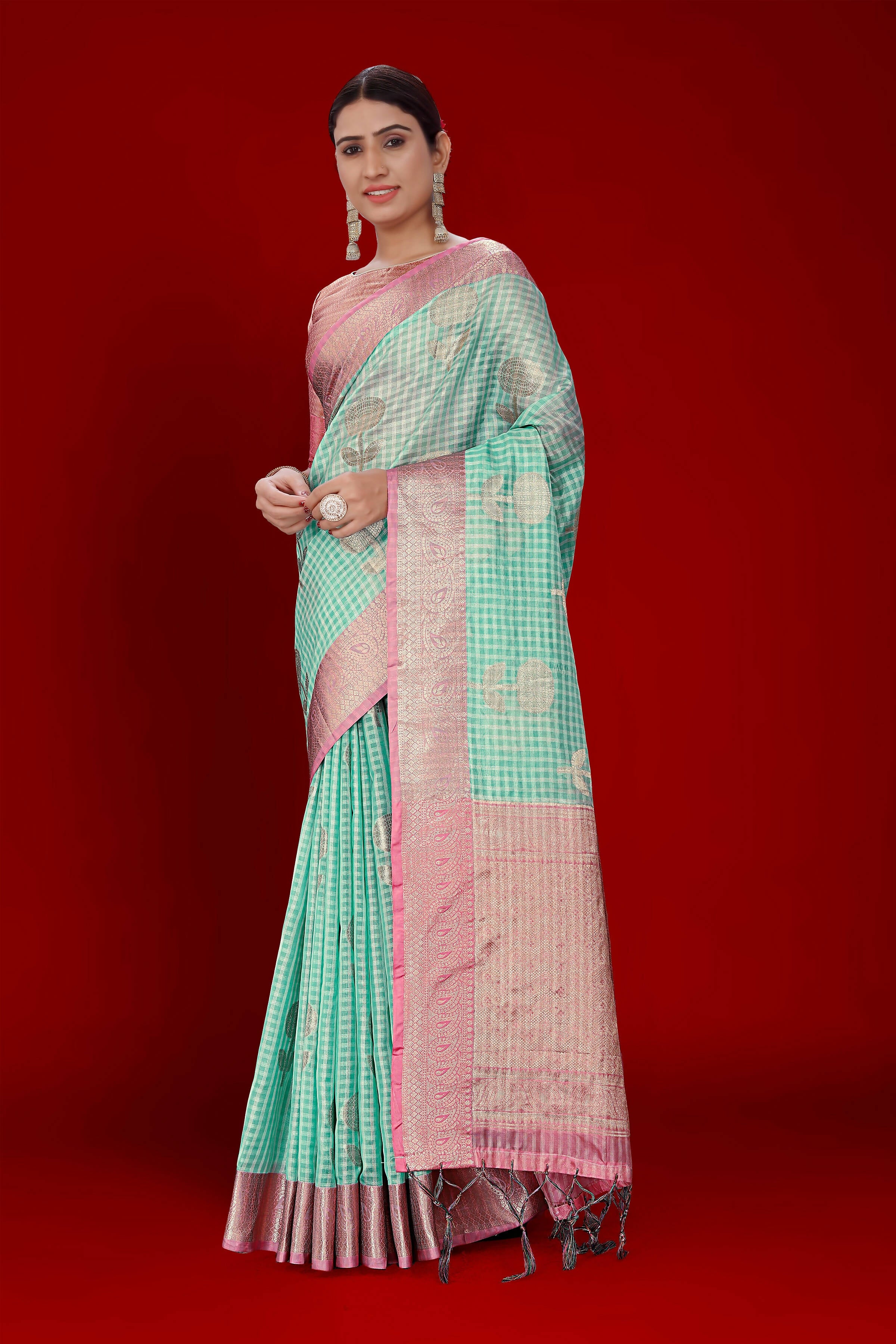 Sky Blue Soft Organza Woven Design Saree With Unstitched Blouse Piece - Zaara - Distacart