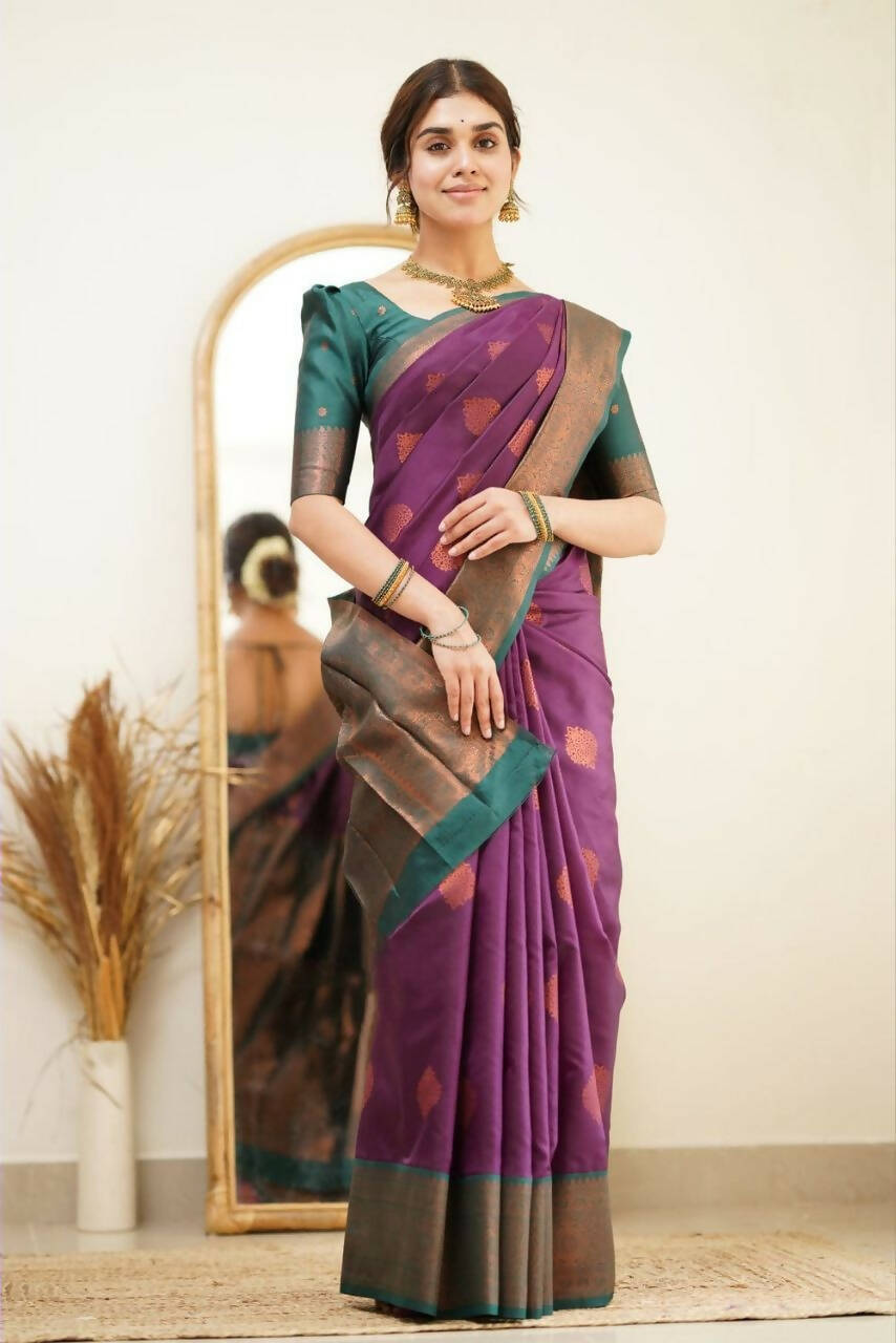 DEIANA'S Beautiful Golden Jari with New Design Soft Lichi Silk Saree - Purple - Distacart