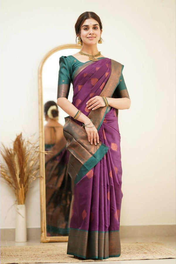 DEIANA'S Beautiful Golden Jari with New Design Soft Lichi Silk Saree - Purple - Distacart