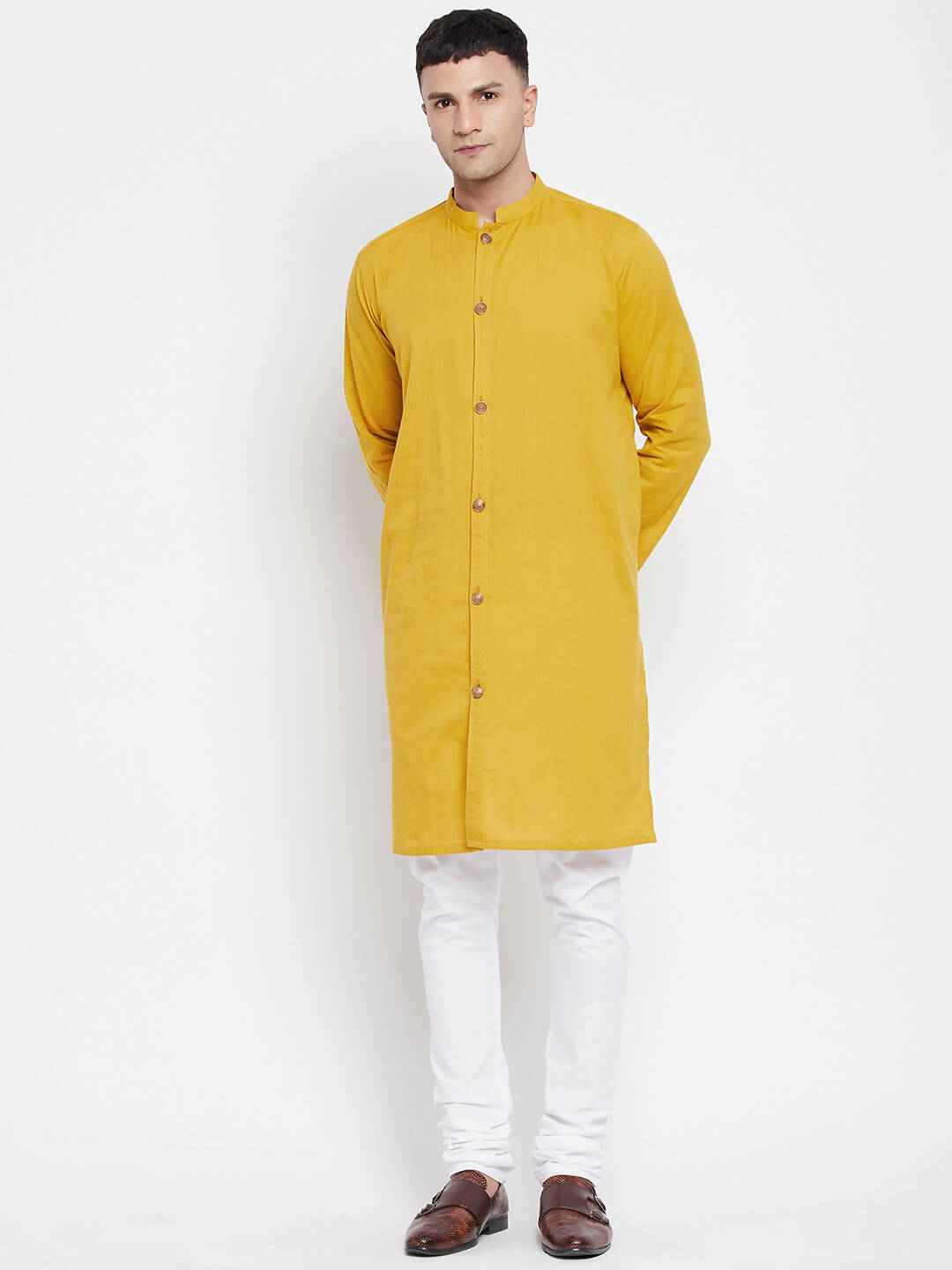 Even Apparels Yellow Pure Cotton Men's Sherwani Kurta With Open Front - Distacart