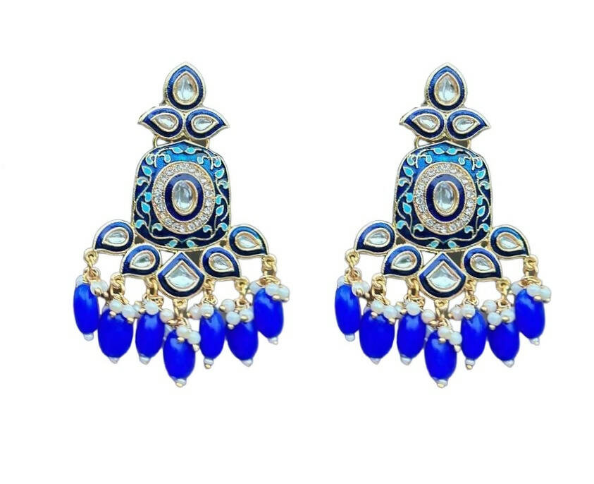 Gold-Toned Blue Kundan Contemporary Drop Earrings for Women & Girls By House of Ree - Distacart