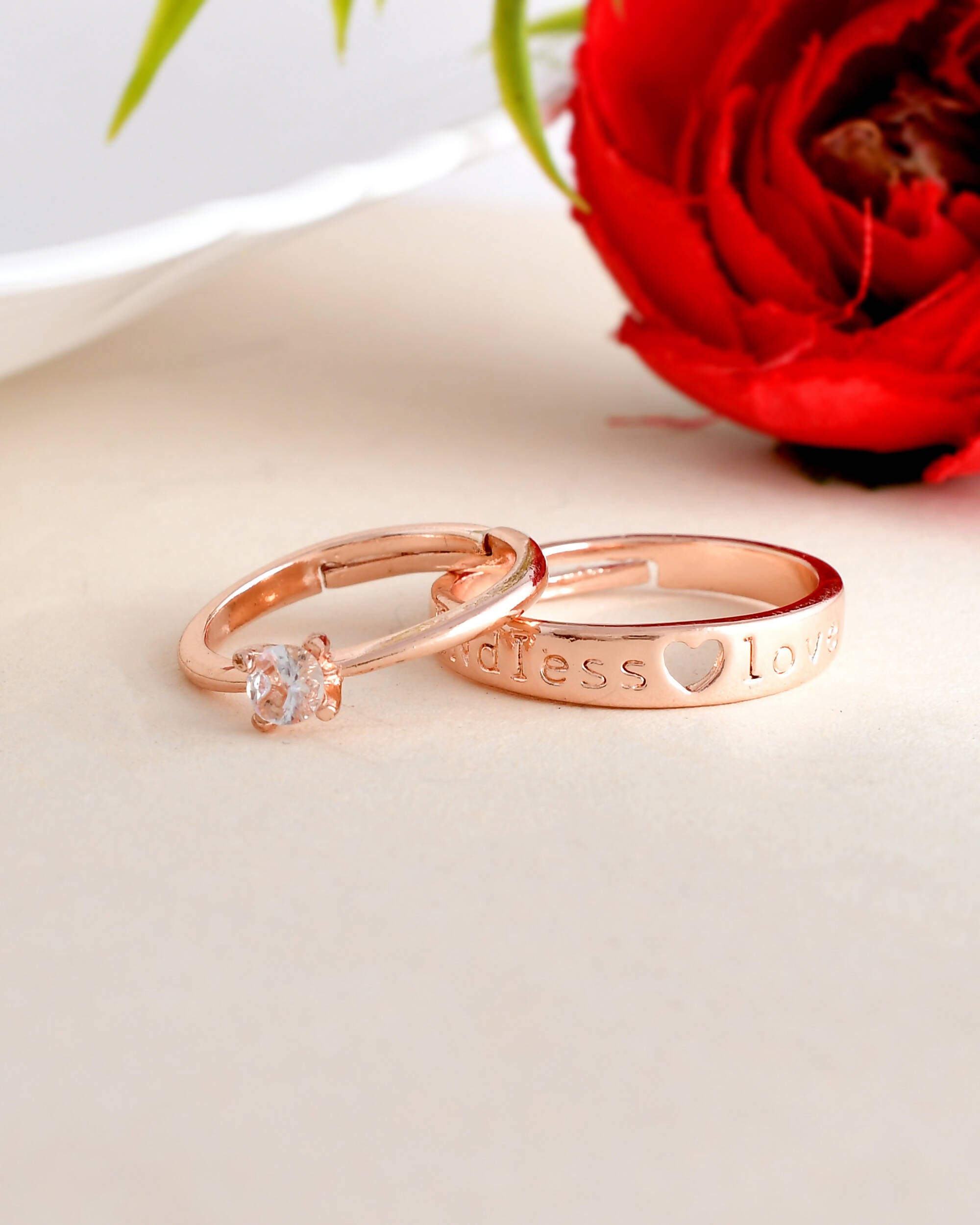 VOJ Stainless Steel Cubic Zirconia Gold Plated Adjustable Couple Ring Set - Distacart