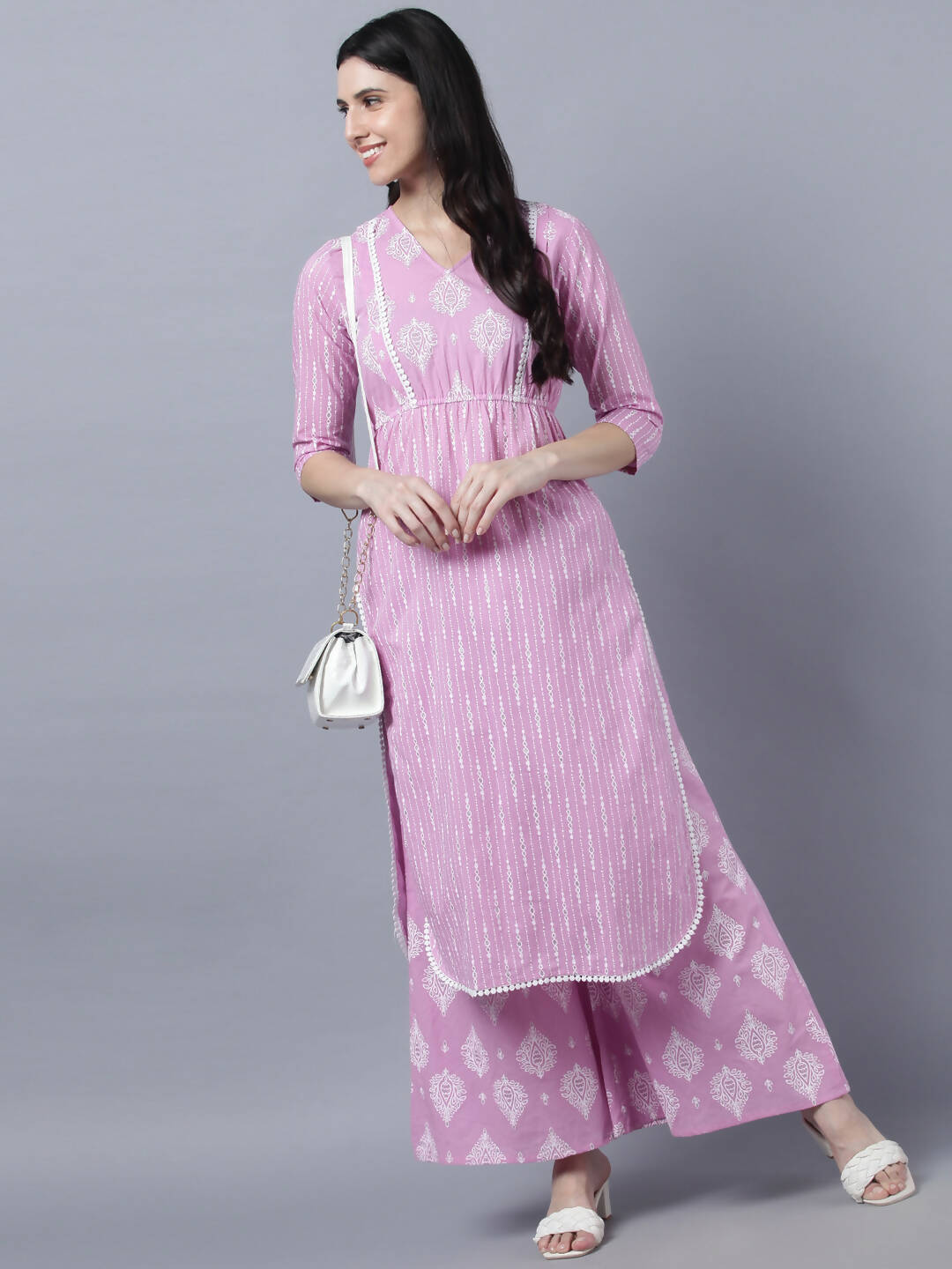 Myshka Stylish Pink 3/4 Sleeve Women's Kurta Palazzo Set - Distacart