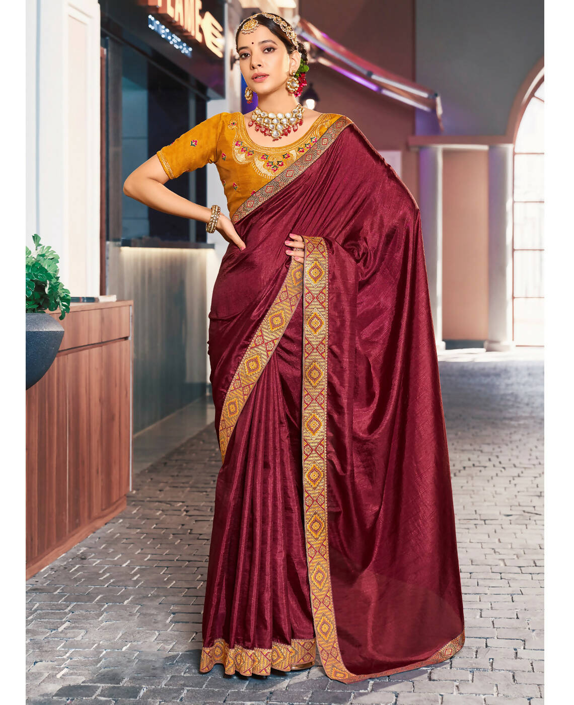 Dark Maroon Solid Vichitra Saree With Unstitched Blouse Piece - Selena - Distacart