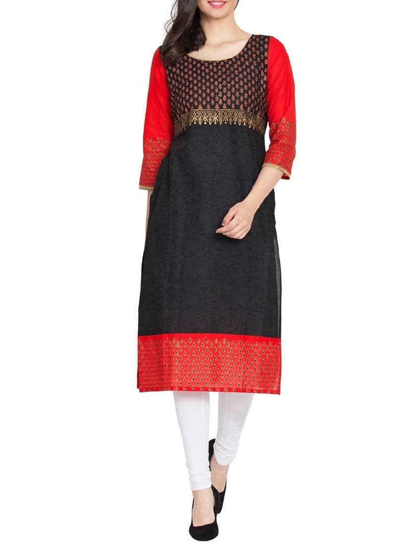 Cheera Hand Block Print Straight Kurta In Black & Red