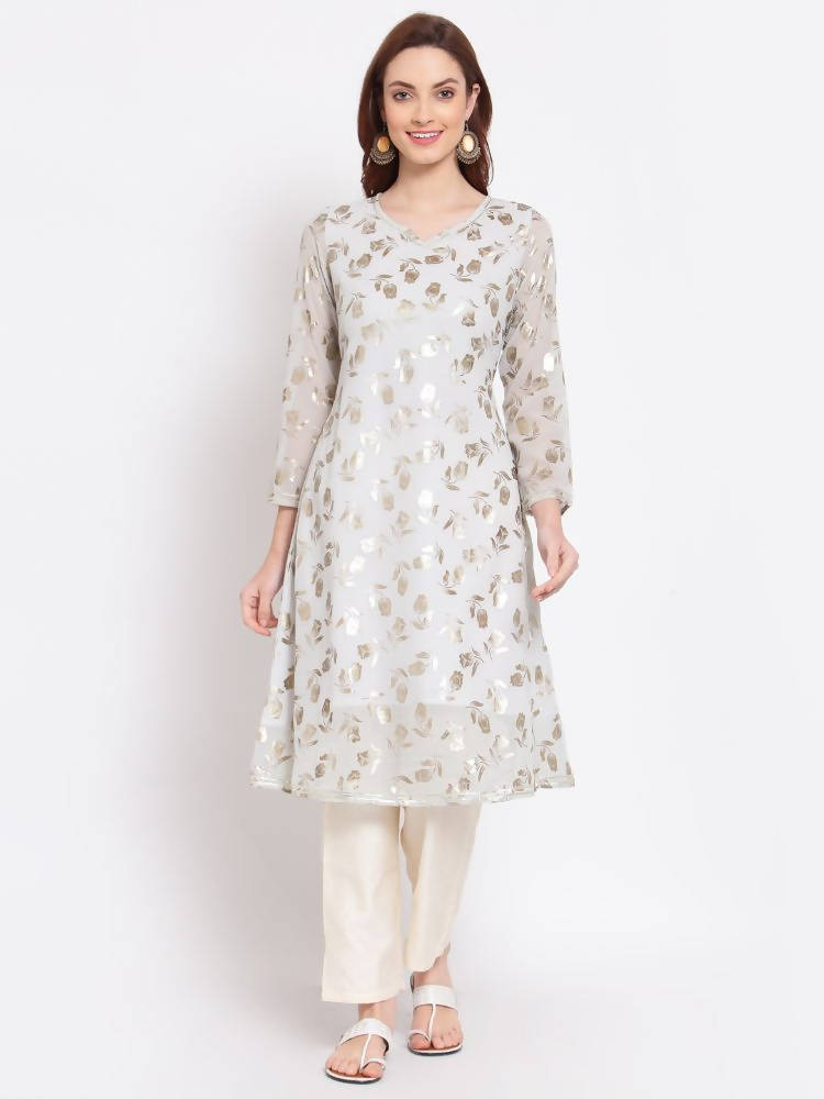 Myshka Women's Grey Printed Georgette 3/4 Sleeve Round Neck Casual Kurta